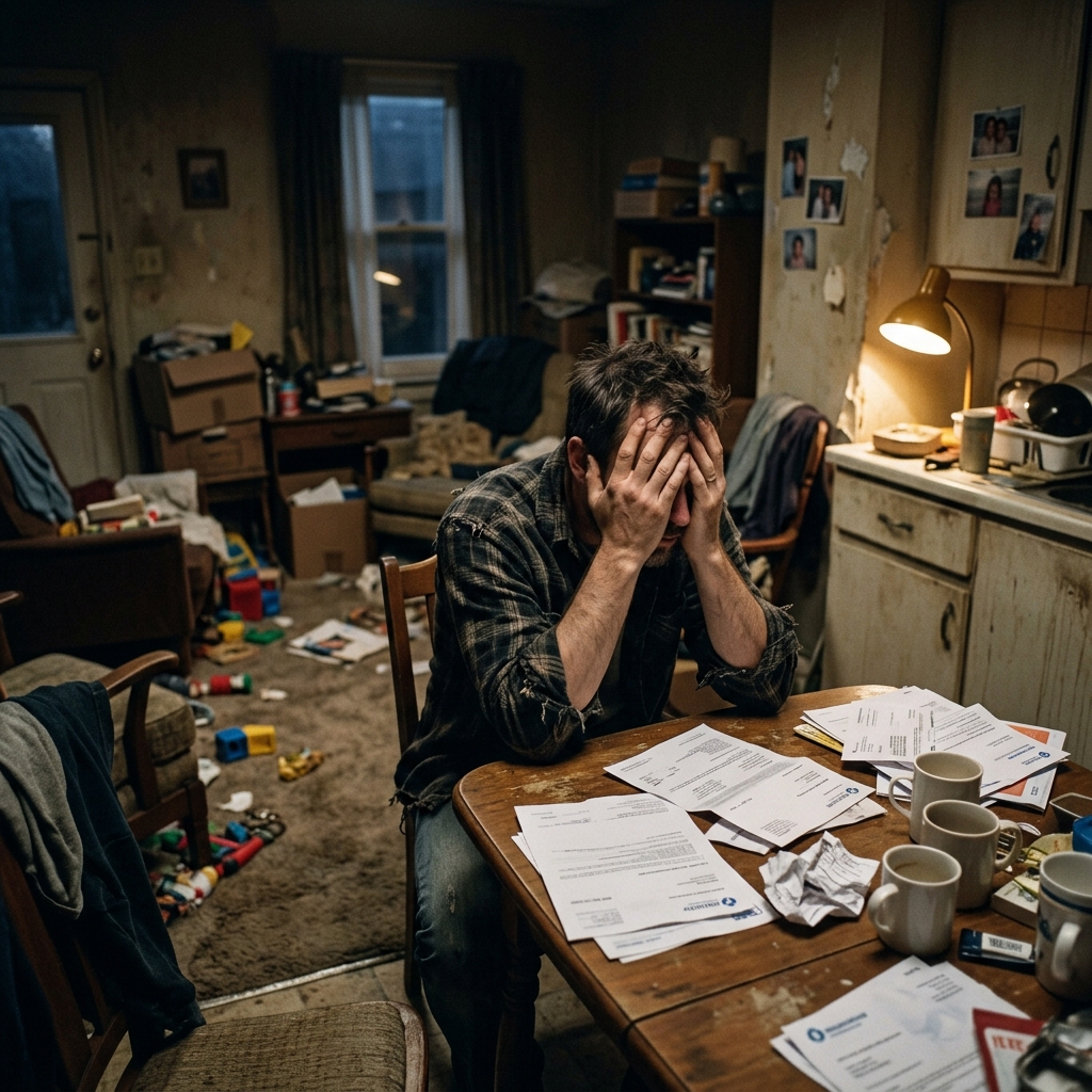 薄暗い部屋で一人頭を抱える様子