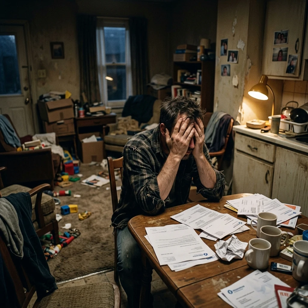 薄暗い部屋で一人頭を抱える様子