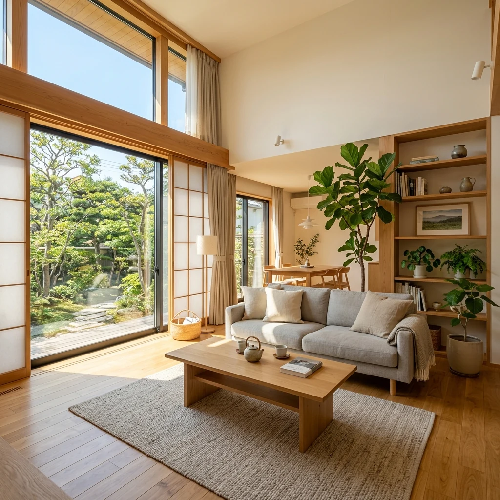 陽の光が差し込む明るく心地よいリビングルーム